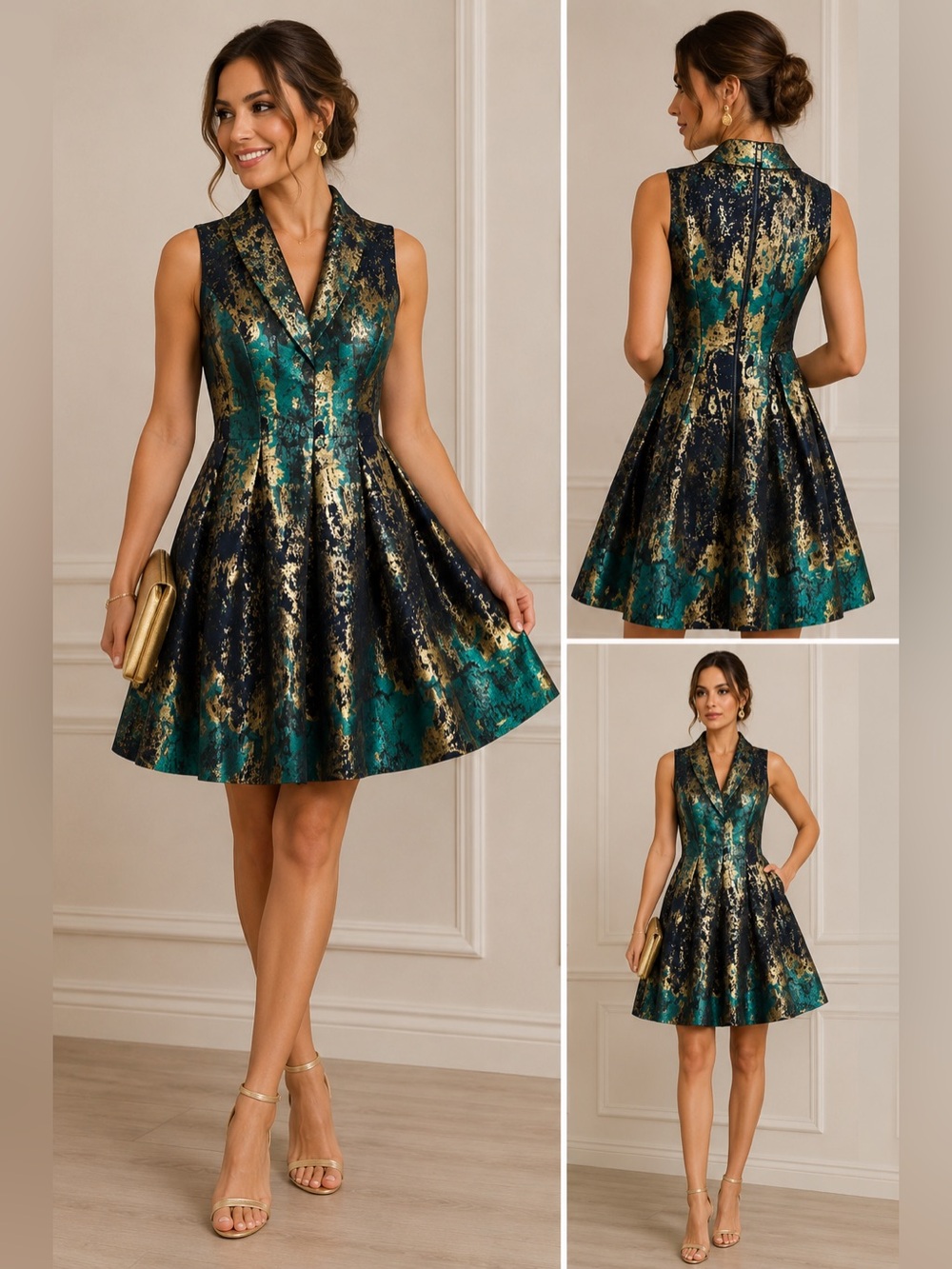 Vince Camuto Metallic Jacquard Fit & Flare Cocktail Dress Teal Gold Navy Size 4